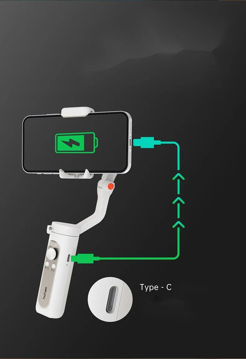 Three-axis mobile phone stabiliser with compact folded design showing black and white colour options