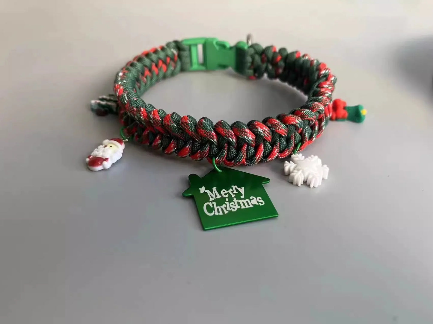 Green rope dog leash with P chain and a metal release buckle, held in a person's hand.