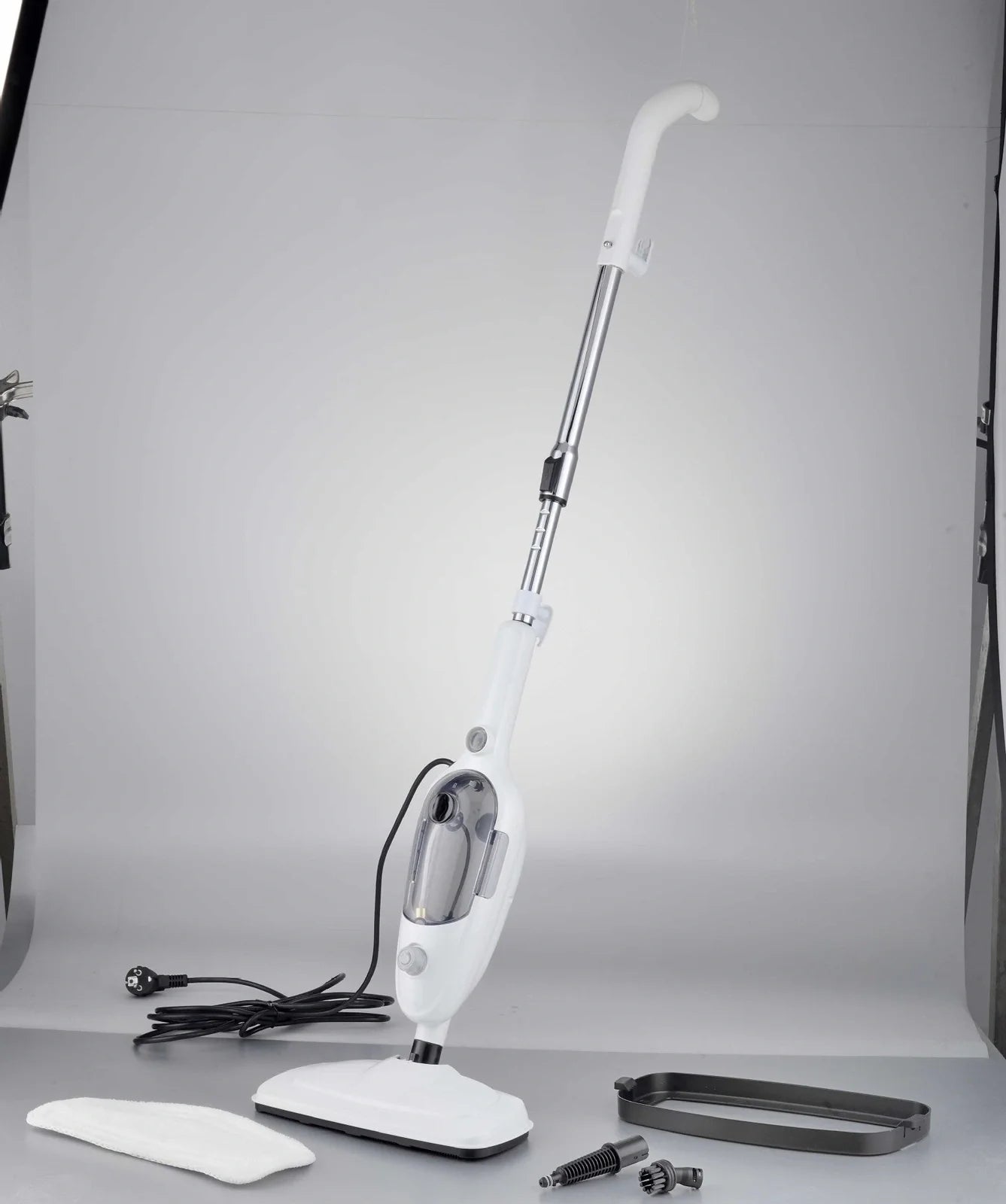 White multifunctional steam mop with 22x29x120cm dimensions, 10-in-1 accessories, and rectangular base for floor cleaning