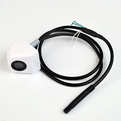 Black metal car reversing camera with lens and integrated wiring cable