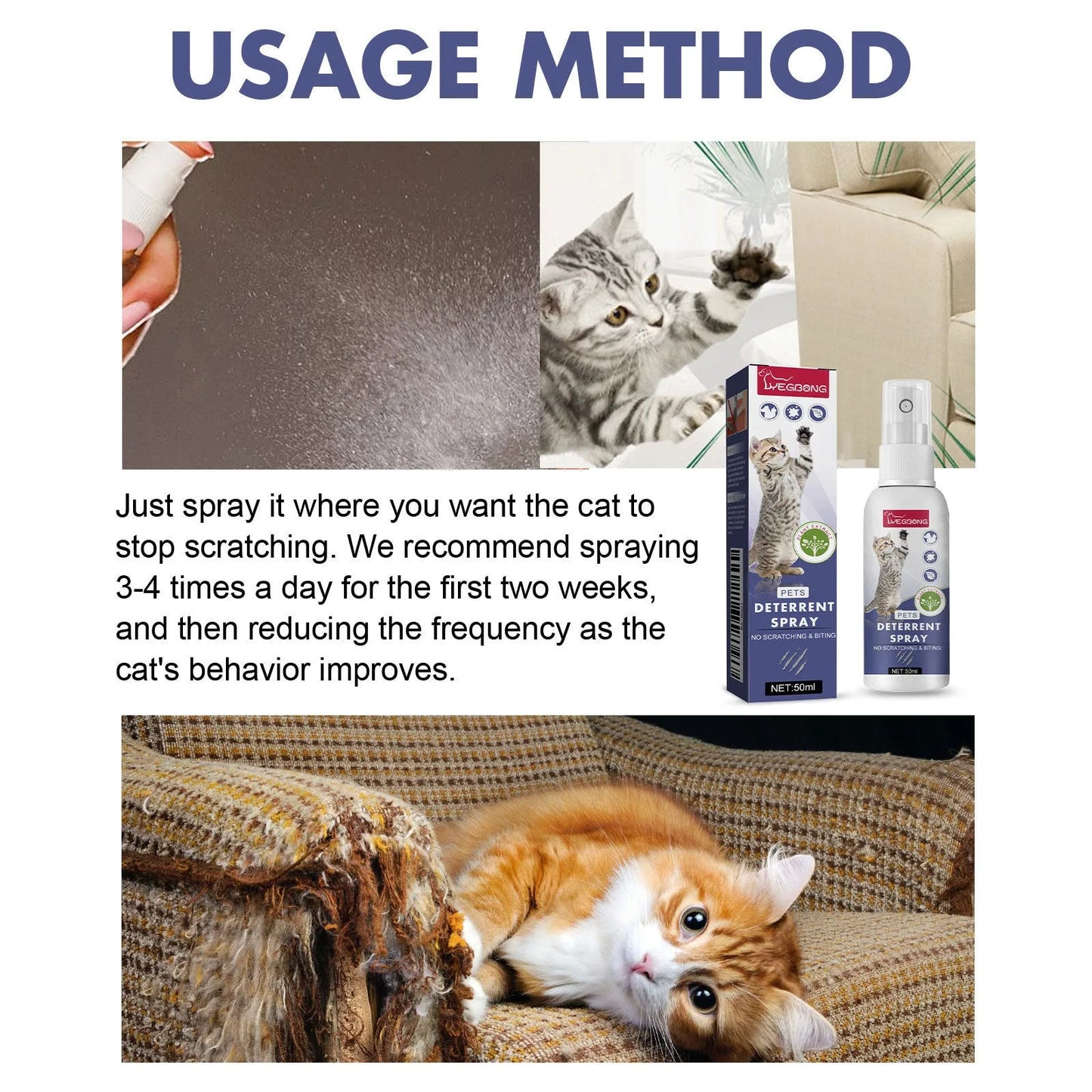 50ml bottle of pet repellent spray in a box, used to prevent scratching on doors and sofas.
