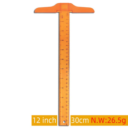 Plastic T-square ruler measuring 30cm with transparent or orange-yellow finish options.