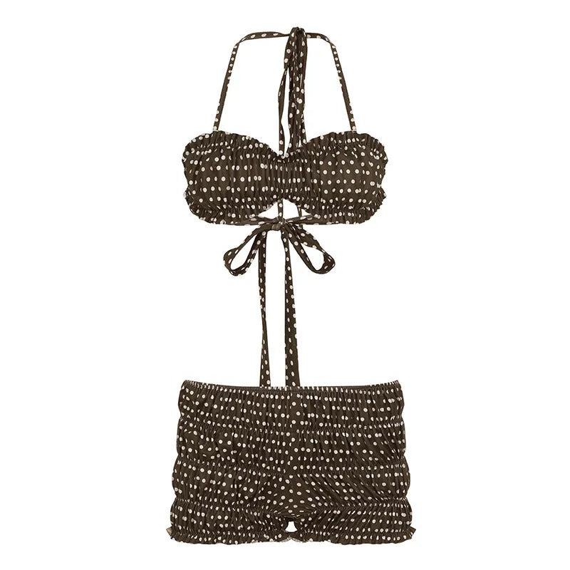 Brown polka dot women's two-piece set with sleeveless strappy top and shorts, contrast trim, sizes S M L