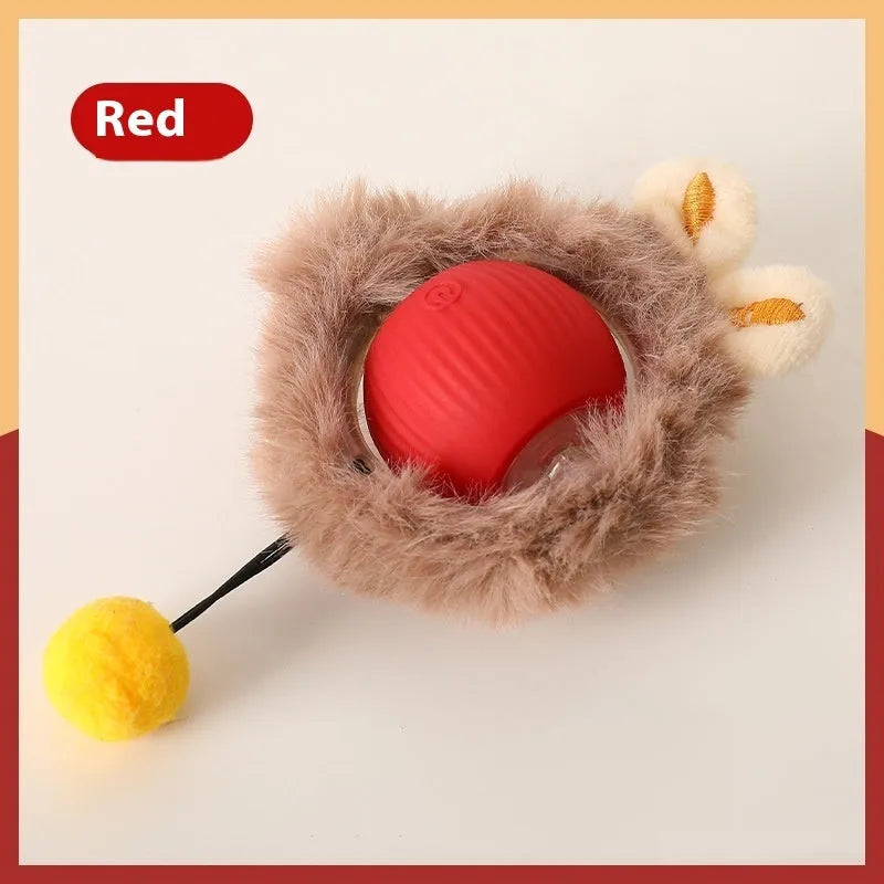 Silicone rolling ball cat toy showing red, green, and grey colour options with self-hi motion mechanism