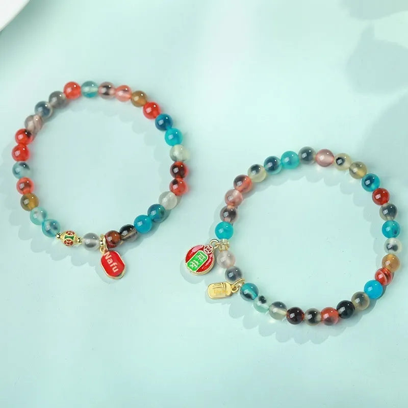 Natural colourful sugar heart agate coloured glaze copper coin snake bracelet for women in 6mm or 8mm purity with geometric design featuring fu character style, blessing, top sign, and swallowing gold beast patterns available in multiple circle designs