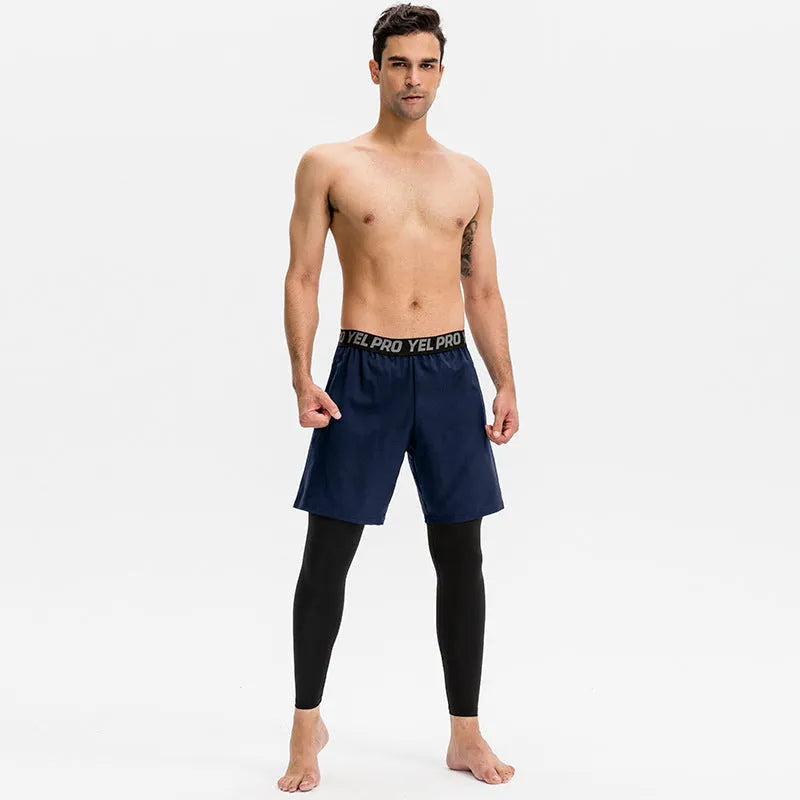 Men's tight fitness pants in polyester spandex fabric showing quick-dry properties and high elastic compression for athletic training