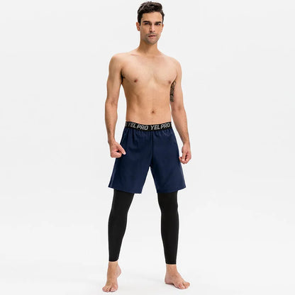 Men's tight fitness pants in polyester spandex fabric showing quick-dry properties and high elastic compression for athletic training