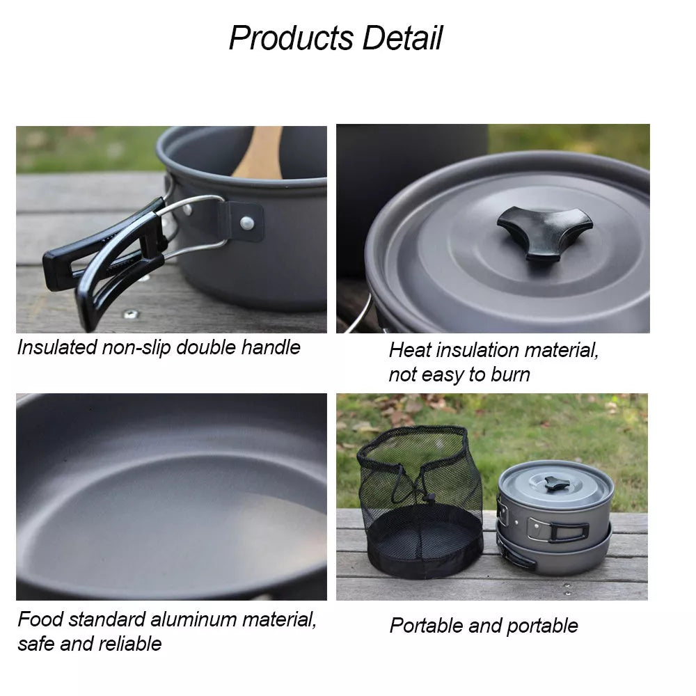 Outdoor camping cookware set with foldable handles for 2-3 people