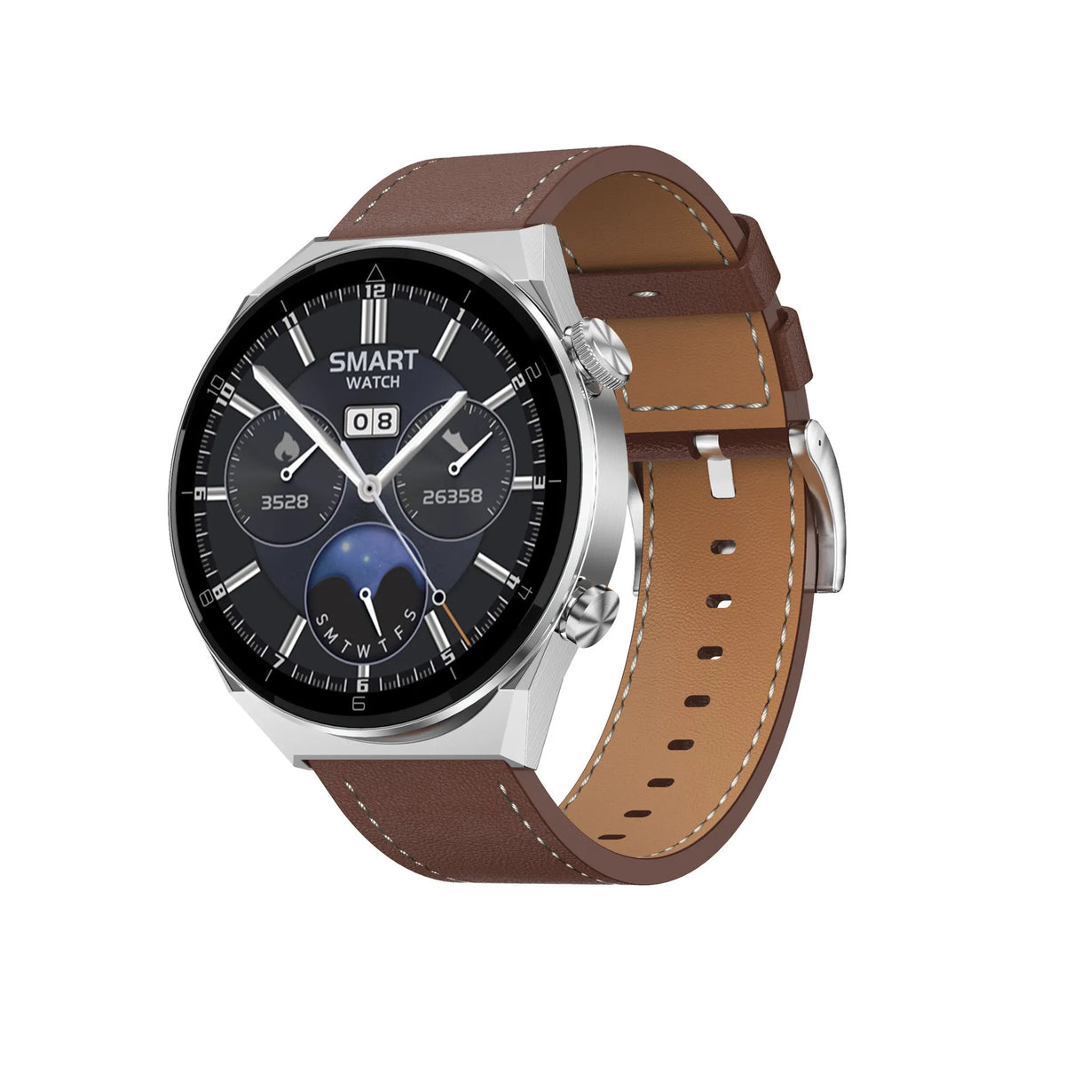 Simple metal smartwatch with black silicone strap and 1.45-inch screen displaying heart rate.