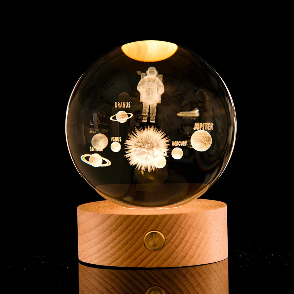 Luminous Galaxy Crystal Ball with 3D laser inner carving showing celestial patterns and gradient lighting