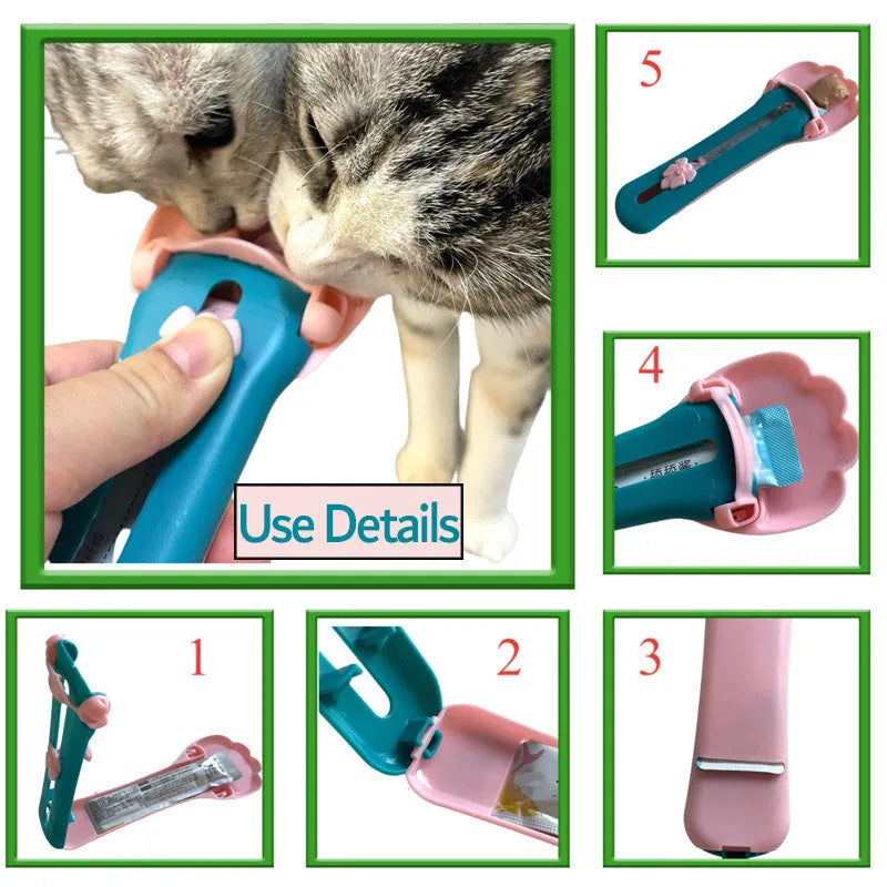 Green plastic pet food scoop with squeezer handle and dispensing nozzle for kibble and liquid.