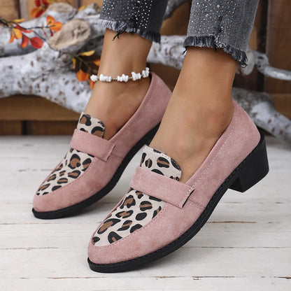 Leopard print slip-on suede pumps with a chunky mid-heel and pointed toe in brown