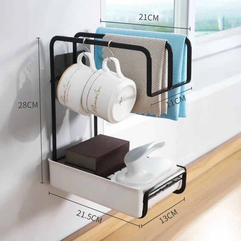 Gold wall mounted sponge holder with removable drip tray holding brushes and soap