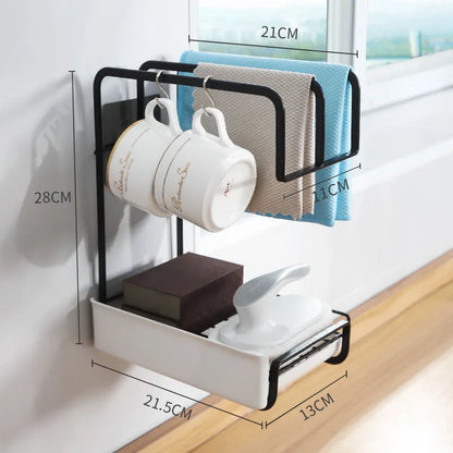 Gold wall mounted sponge holder with removable drip tray holding brushes and soap