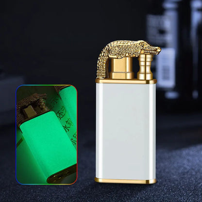 Metal windproof lighter with double flame and dragon design, showing flame from mouth.