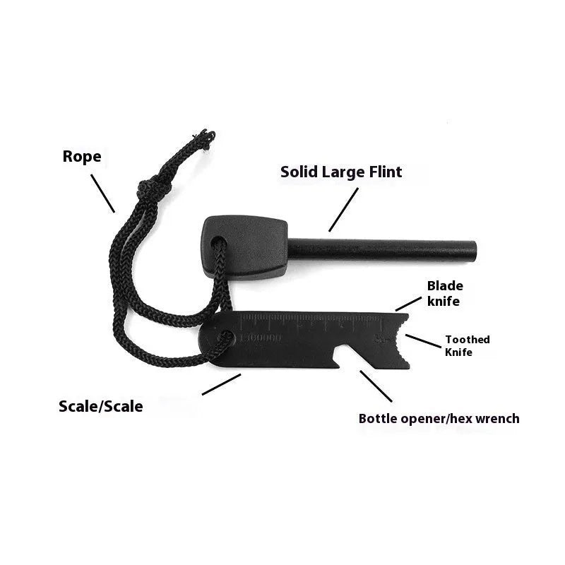 Black outdoor multifunctional flint survival tool with magnesium rod and stainless steel scraper
