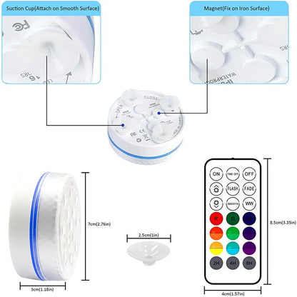 Remote control and small round IP68 waterproof colour-changing LED light for ponds.