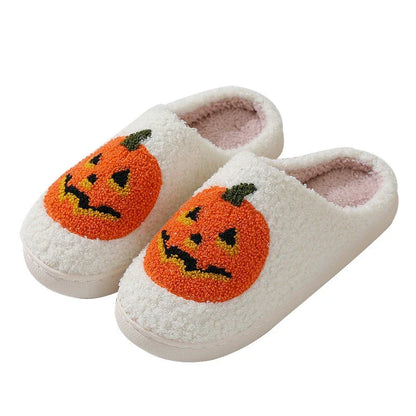 Cozy pumpkin cartoon slippers with soft suede uppers and plush cotton linings for comfortable indoor wear