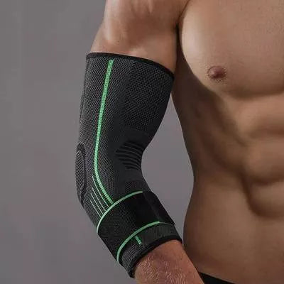 Elbow Pad Sports Guard for weightlifting, cycling, and basketball in black, green, and orange