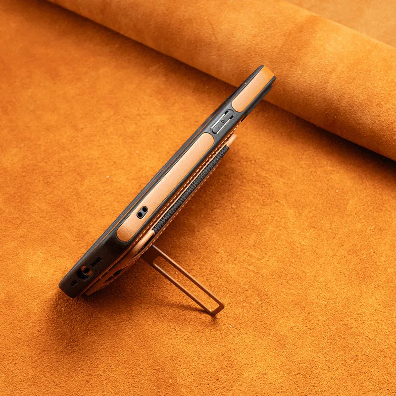 Magnetic card holder iPhone case in imitation leather with bracket, drop-resistant, shown in Black, Blue, Light Brown and Wine Red.