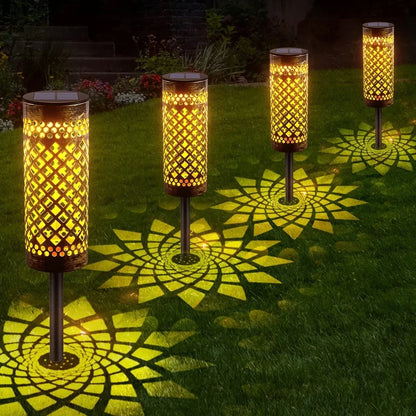 Geometric iron solar-powered lawn lamp with warm light, IP65 waterproof for courtyard garden decor