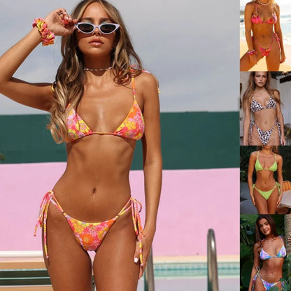 Yellow floral split bikini set for women, high elastic backless design in S-M-L sizes with polyester lining