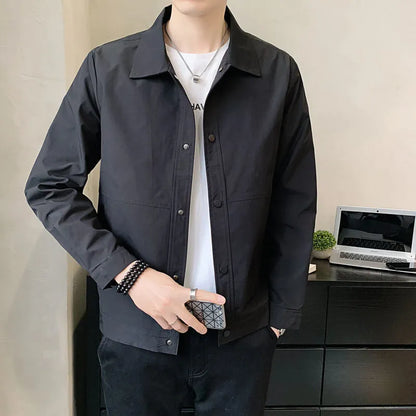 Men's single-layer Korean style jacket in light grey, showing front view and stitching detail.