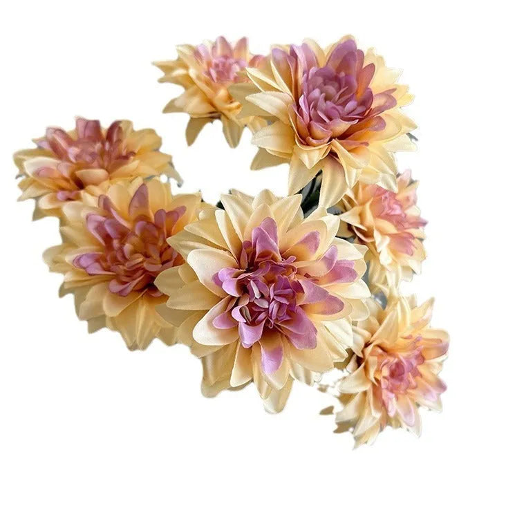 Desktop fan-shaped display holding artificial silk flowers in rose and peony varieties with colourful petals