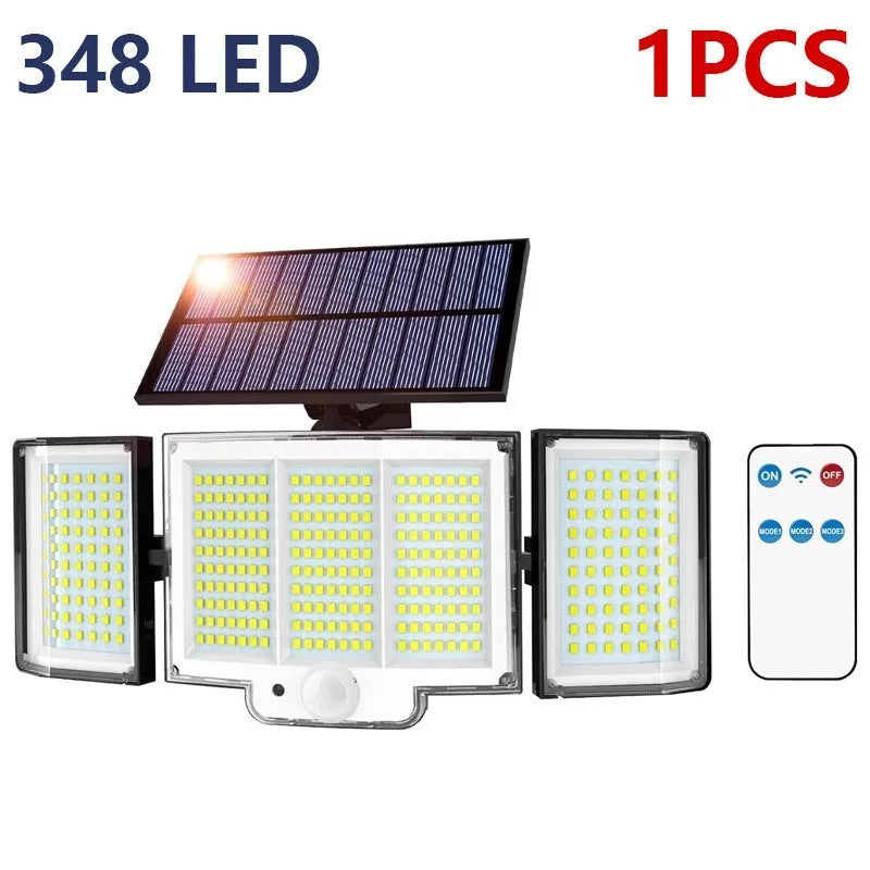 Multi-angle solar-powered garden lamp with motion sensor mounted outdoors