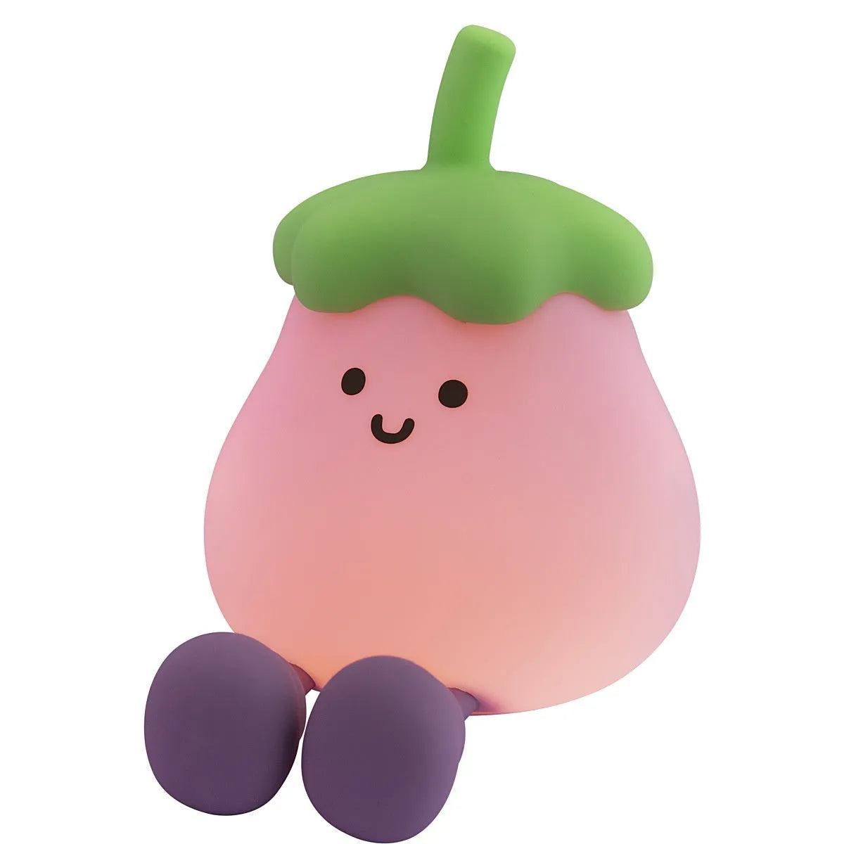 Cartoon eggplant-shaped night light with soft yellow glow measuring 100mm diameter