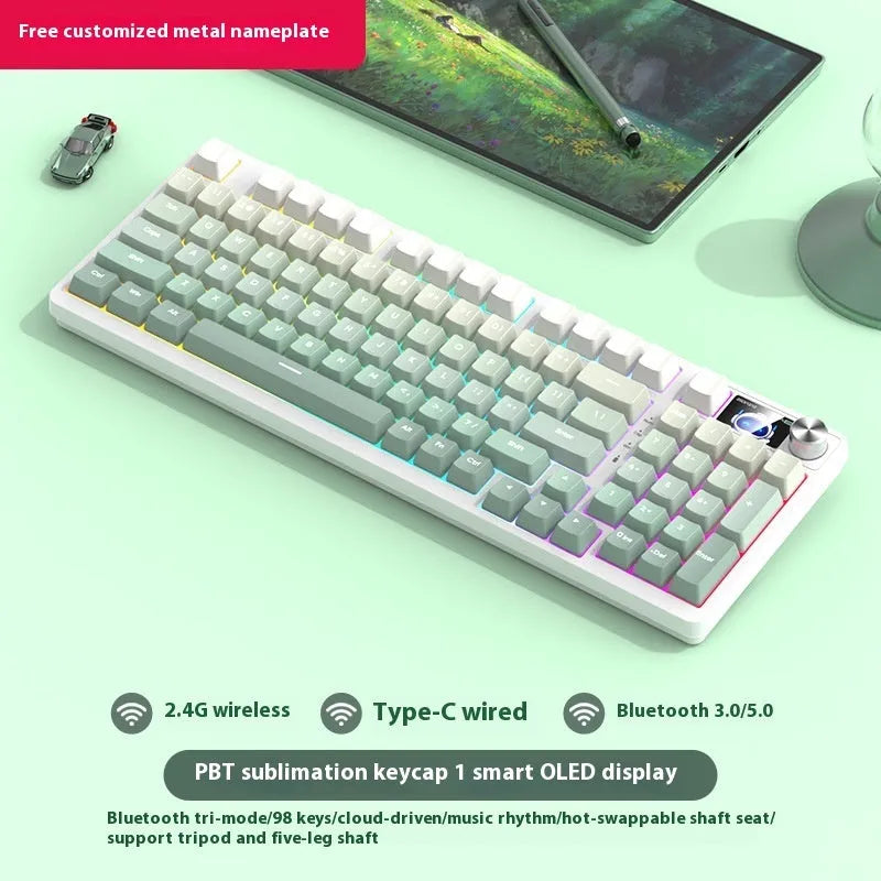 98-key wireless mechanical keyboard kit in black or white with optional LED screen and metal knob