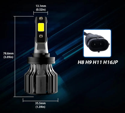 Close-up of a 6000K white LED car headlight bulb with adjustable chuck and connector, showing compact design.