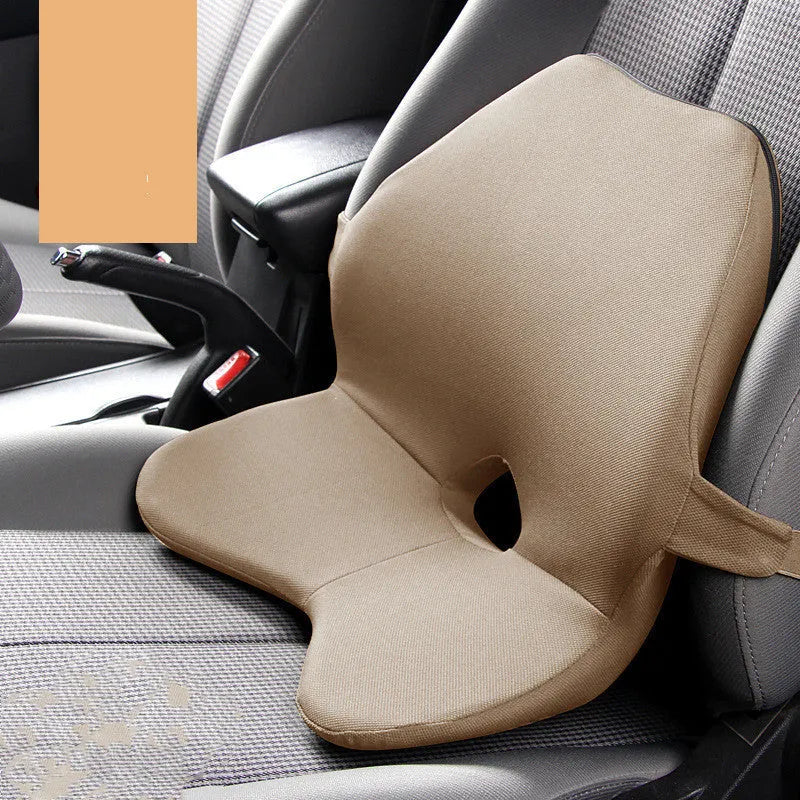 Black memory cotton car seat cushion with lumbar support and integrated headrest on a car seat.