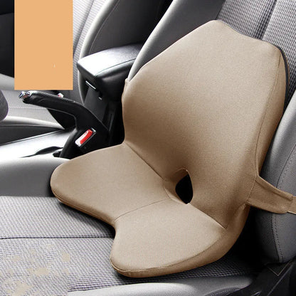 Black memory cotton car seat cushion with lumbar support and integrated headrest on a car seat.