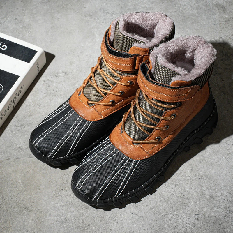 Rugged winter snow boots with warm fleece lining and durable rubber outsole for traction on snow and ice