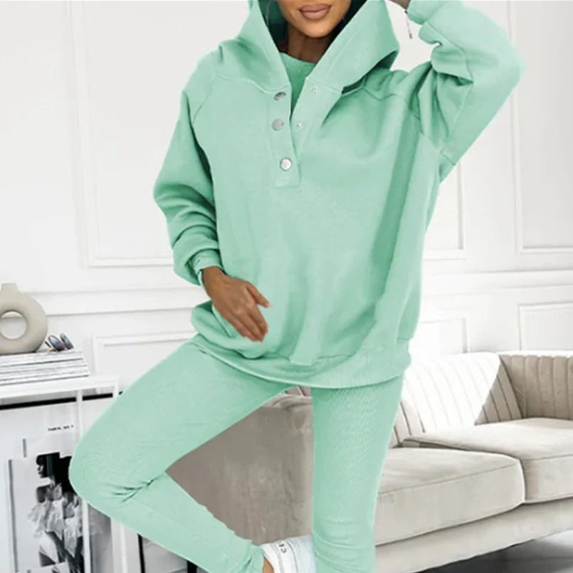Women's 3-piece sports suit with hooded sweatshirt, vest, and slim trousers in various colours