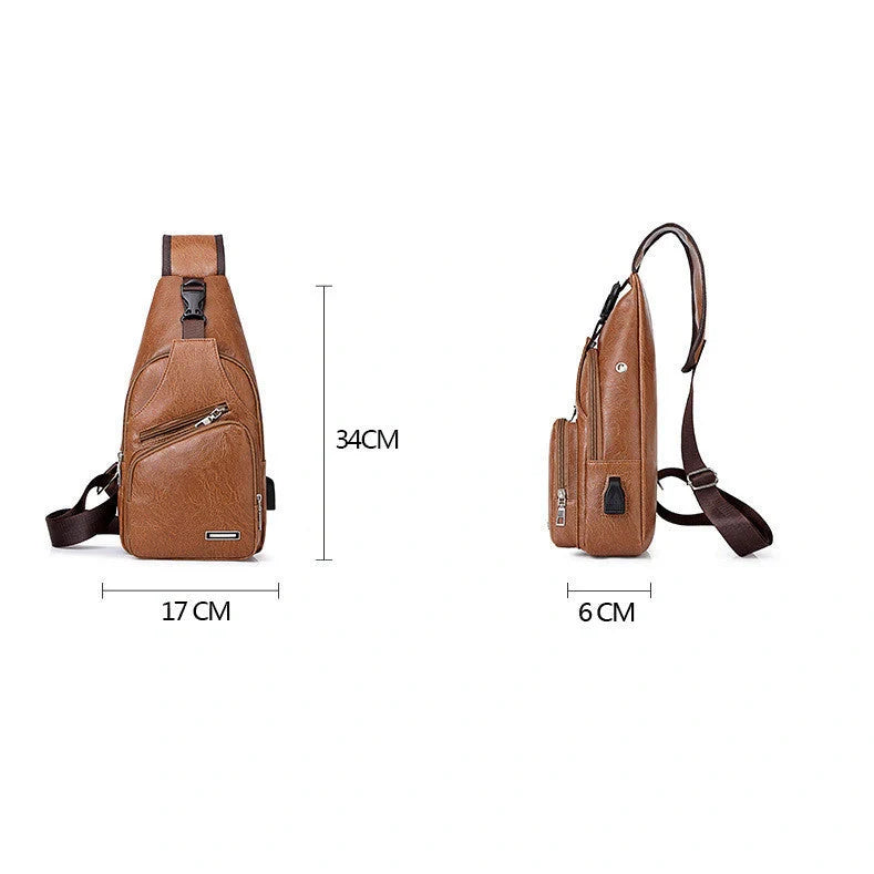 Stylish Men's USB Charging Chest Bag in Black, Coffee, and Light Brown colours
