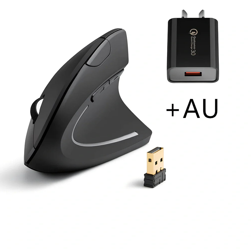 Black ergonomic vertical computer mouse with 57-degree angle, rubber grips, and USB receiver