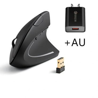 Black ergonomic vertical computer mouse with 57-degree angle, rubber grips, and USB receiver