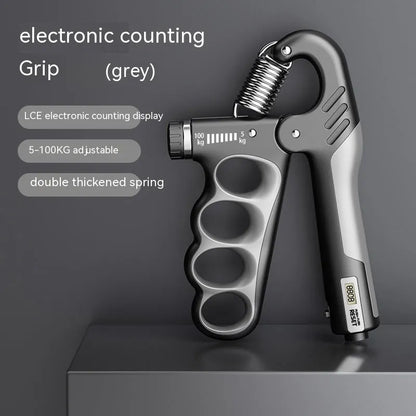 Adjustable electronic spring hand grip trainer with digital counter display in grey, orange, and red colours.