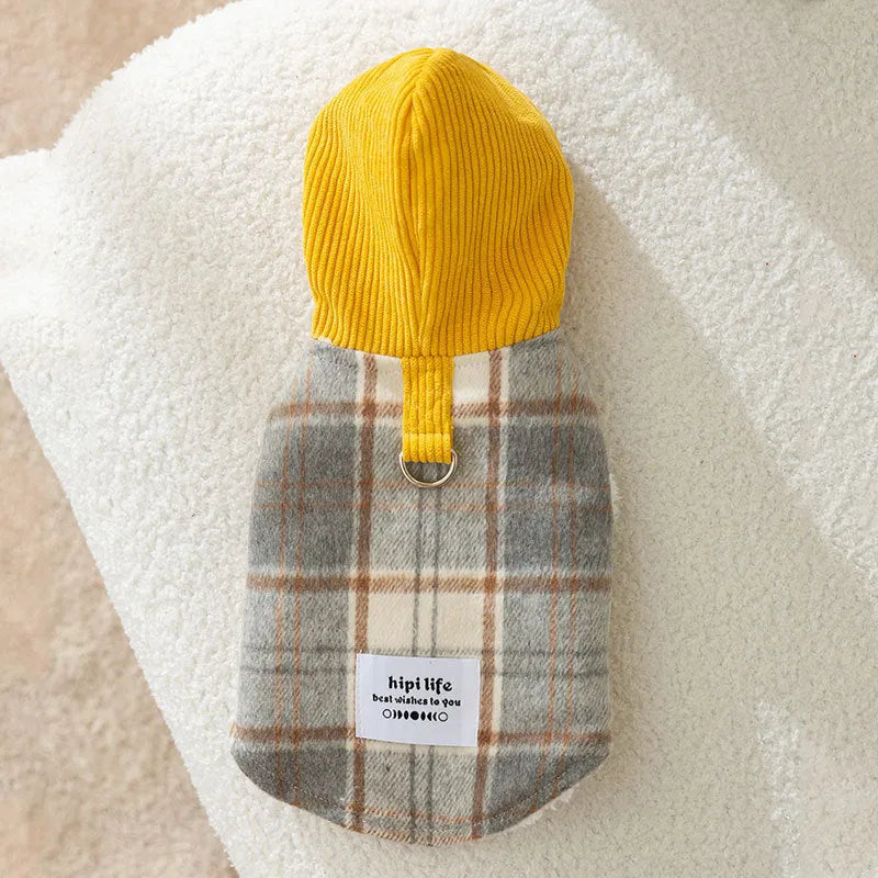 Blue corduroy chessboard grid pet hooded vest with traction hood for dog
