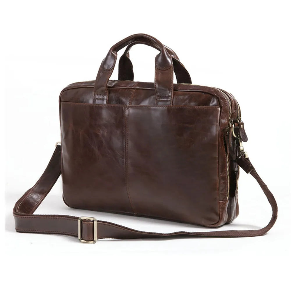 Brown men's leather briefcase with a textured pattern, shown with an open view of the polyester cotton lining.