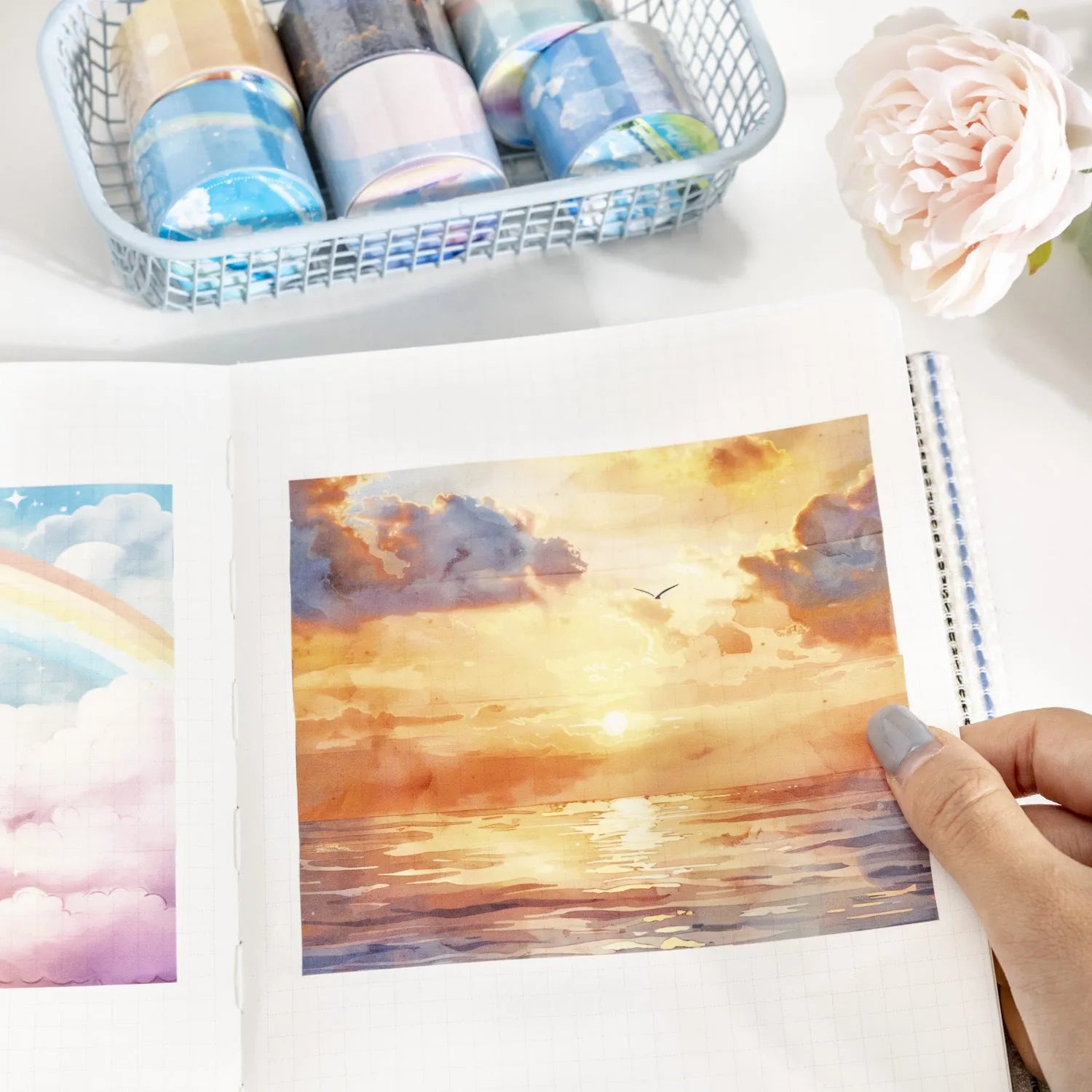 Japanese paper washi tape roll with sky theme decoration, 30mm width, showing colourful clouds pattern