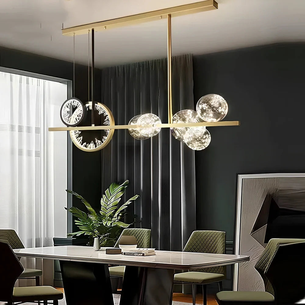 Modern glass chandelier with remote control and adjustable height setting for living room lighting