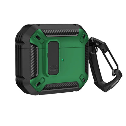 Hard plastic clamshell case for AirPods with a carabiner hook attached, shown in a black and yellow two-tone colour.