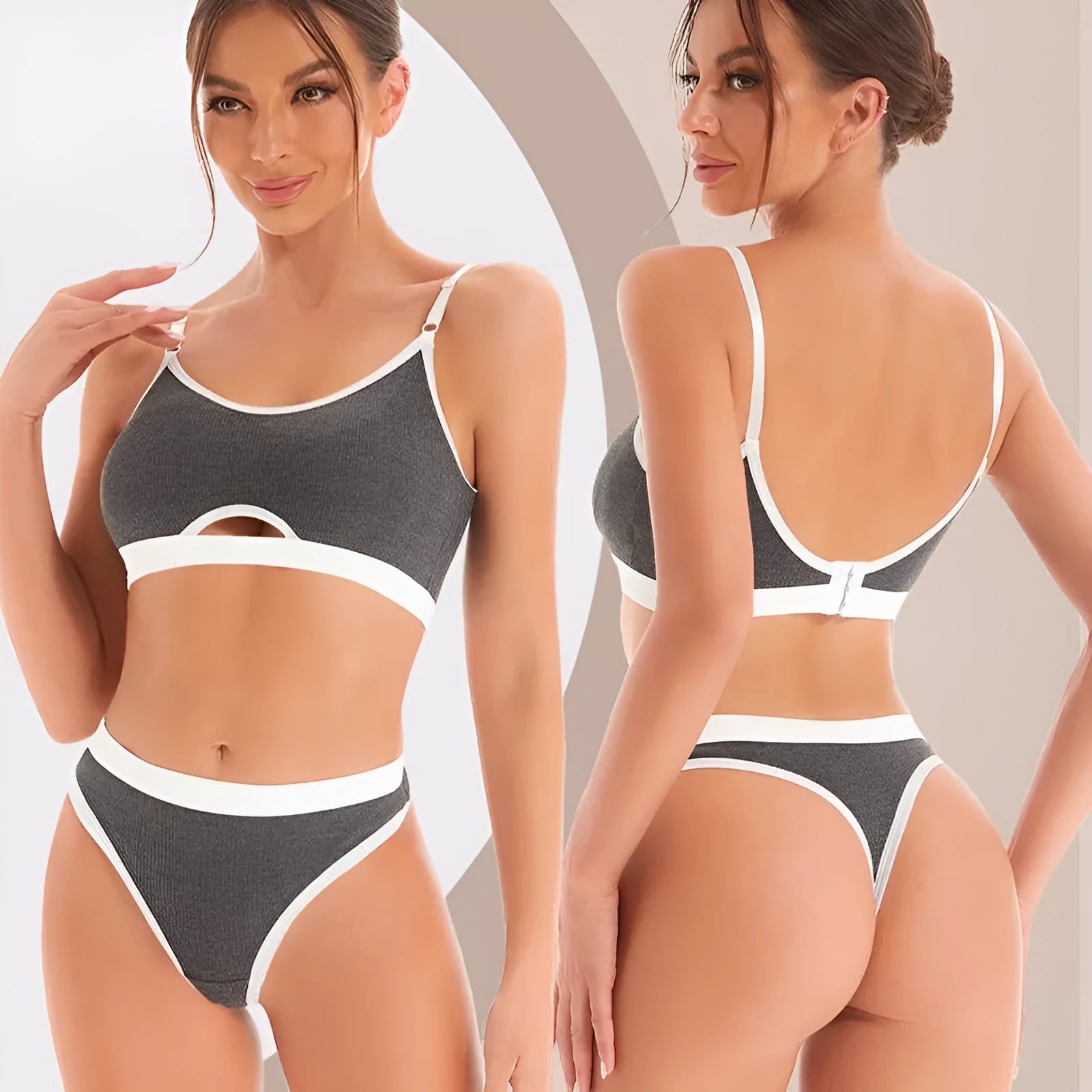 White underwired sports bra set with contrast dark grey back detailing and matching briefs on a mannequin.