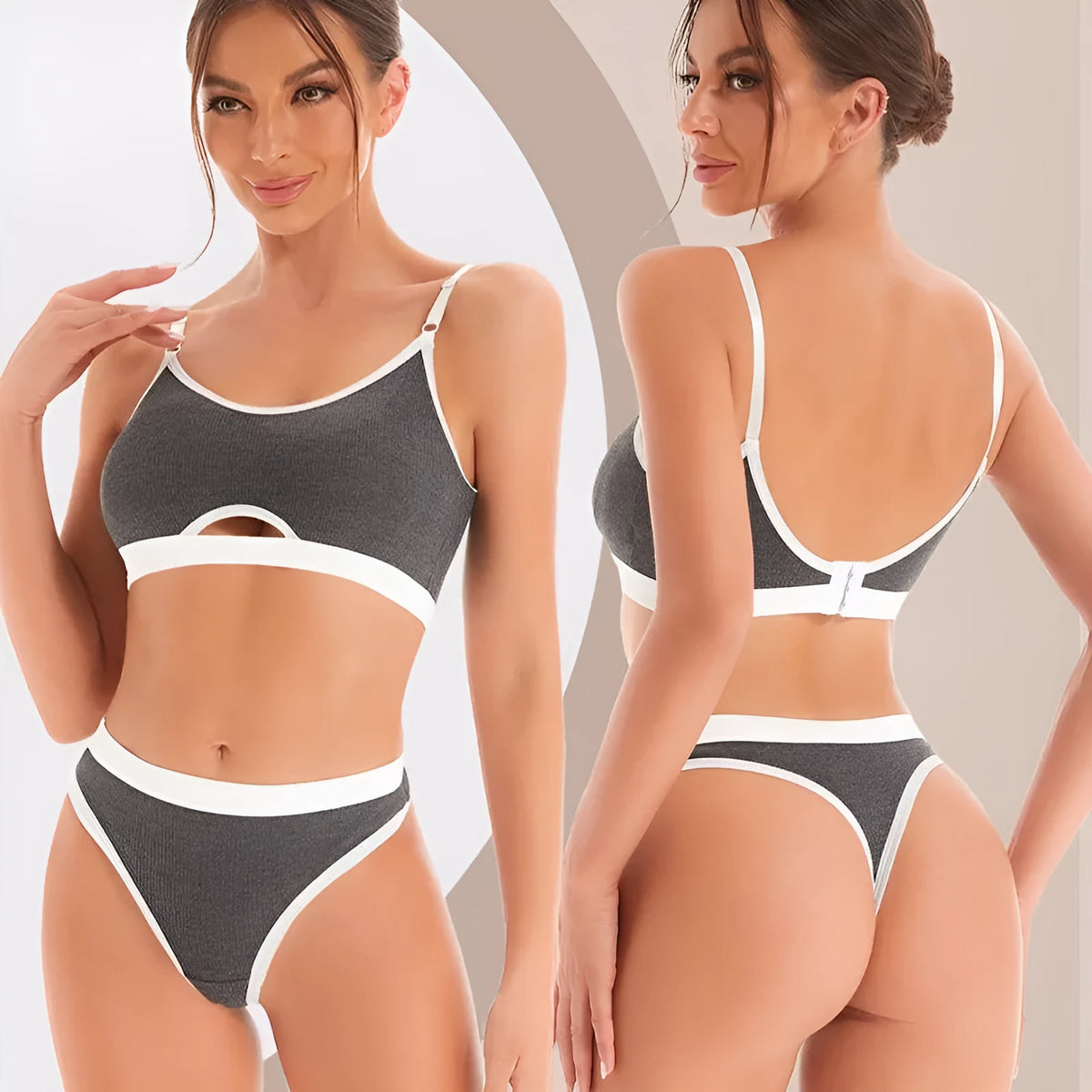 Black sports bra and briefs set with an underwired tube top, double shoulder straps, and a beautiful criss-cross back design.