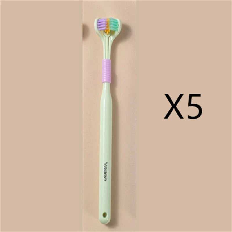 A soft bristle toothbrush with a unique triple-sided brush head for deep cleaning and customizable bristle firmness.