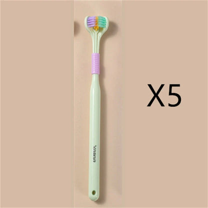 A soft bristle toothbrush with a unique triple-sided brush head for deep cleaning and customizable bristle firmness.