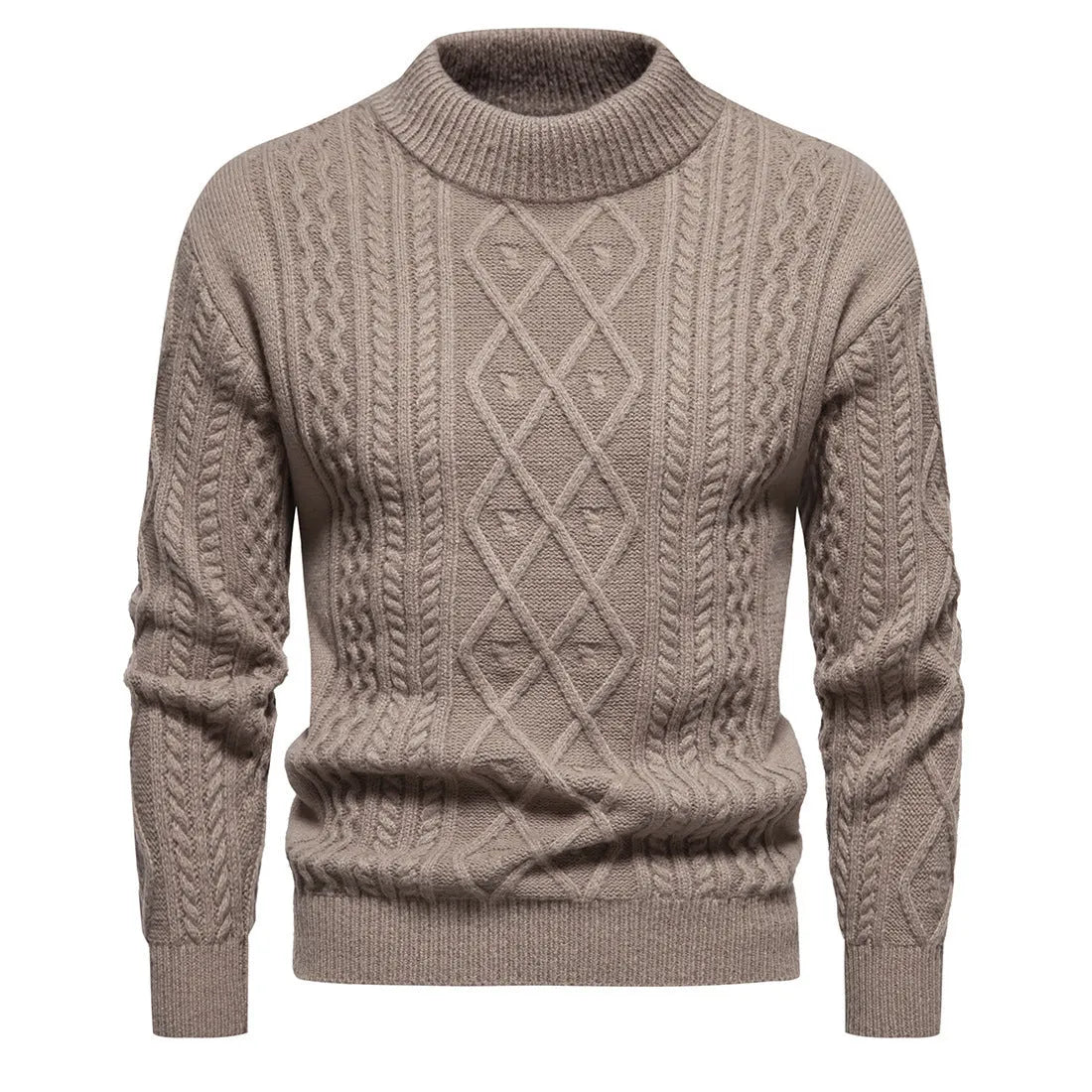 Men's round neck thickened pullover sweater in solid dark grey, green, blue, black, beige or light brown, sizes M to 3XL